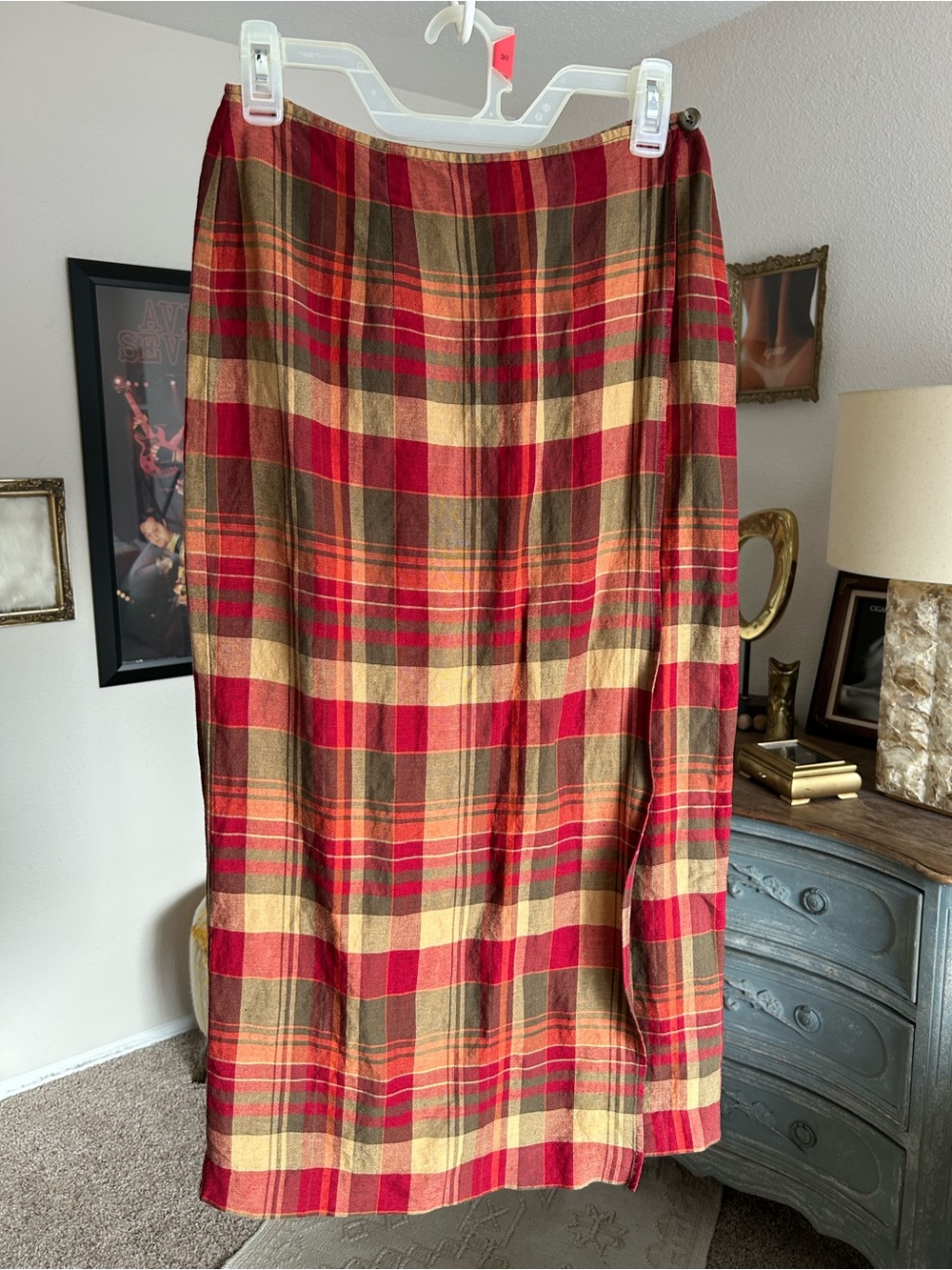 Vintage Geoffrey Beene Linen Plaid Wrap Maxi Skirt Dark Acadamia Size 6 Small - Picture 2 of 8